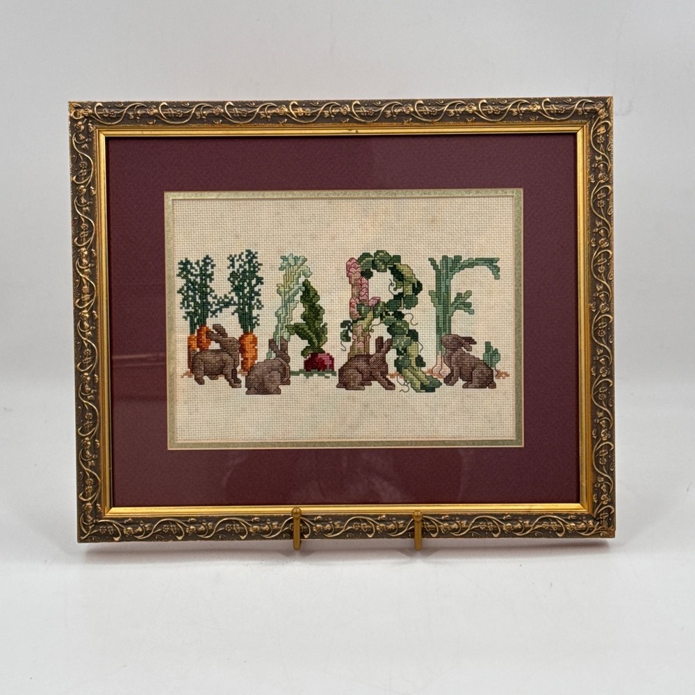 Vintage Framed "HARE" Bunny Rabbit Cross Stitch Needlepoint Wall Art